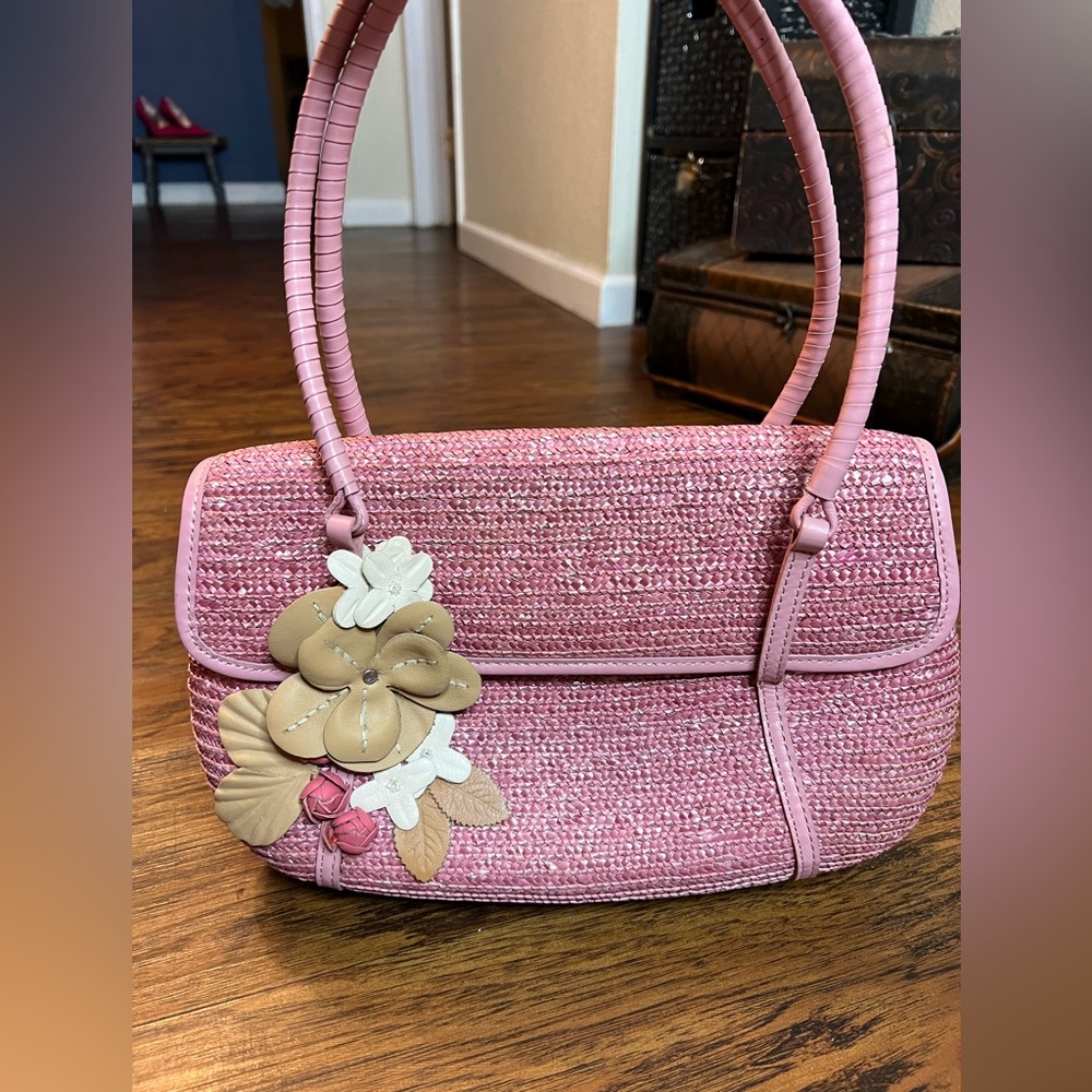 Cole Haan Shoulder Hand Bag Straw Flower Leather Detail Pink Mirror